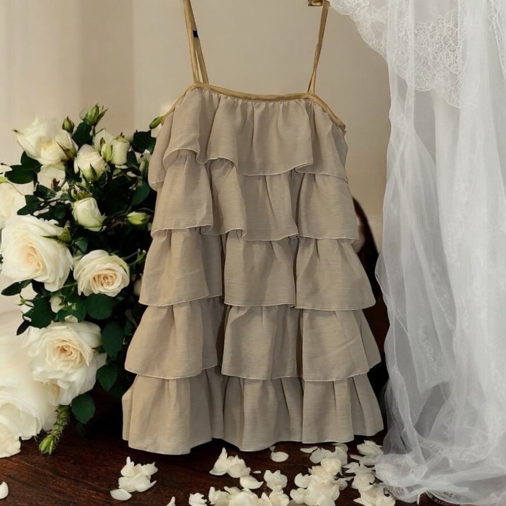 ERIN by Erin Fetherston Tan Babydoll Dress with Tiered Ruffles